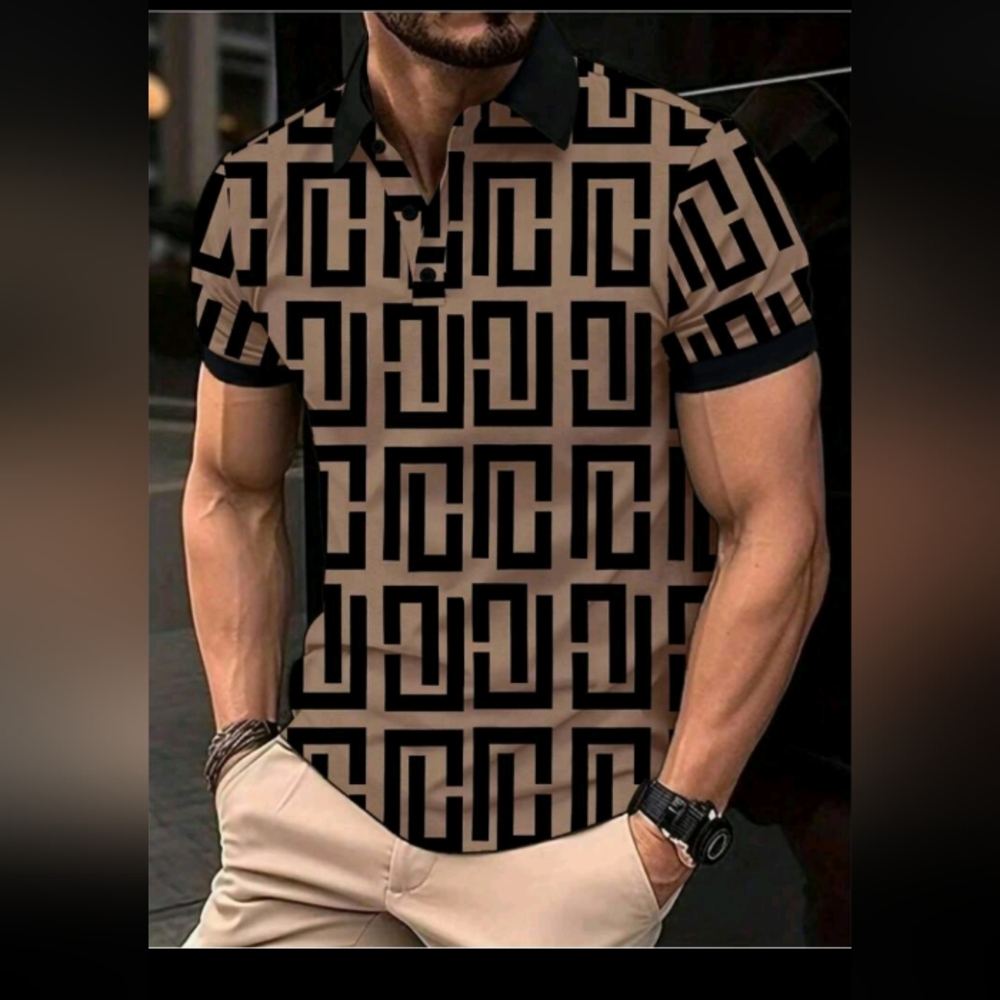 #485Manfinity Dauomo Men's Summer Geometric Printed Casual Polo Shirt